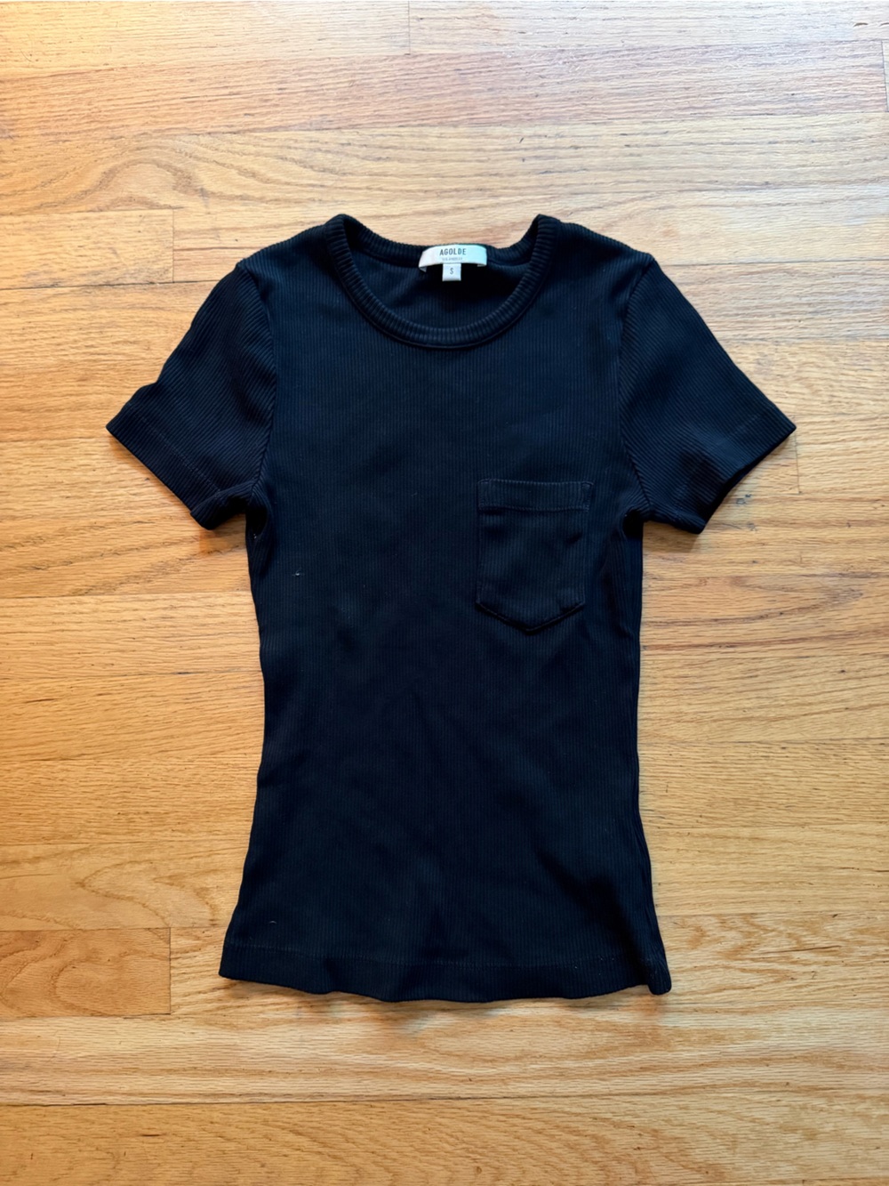 Agolde Black Ribbed Short Sleeve Tee with Pocket